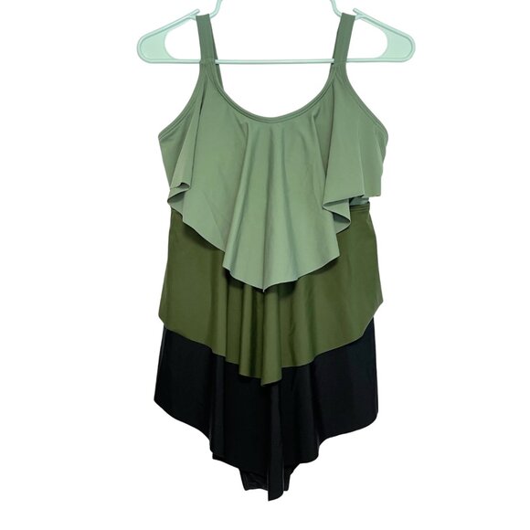 BLOOMCHIC 1 Piece Layered Swimsuit Womens Size 10 Black Green Beach Vacation - Picture 1 of 10